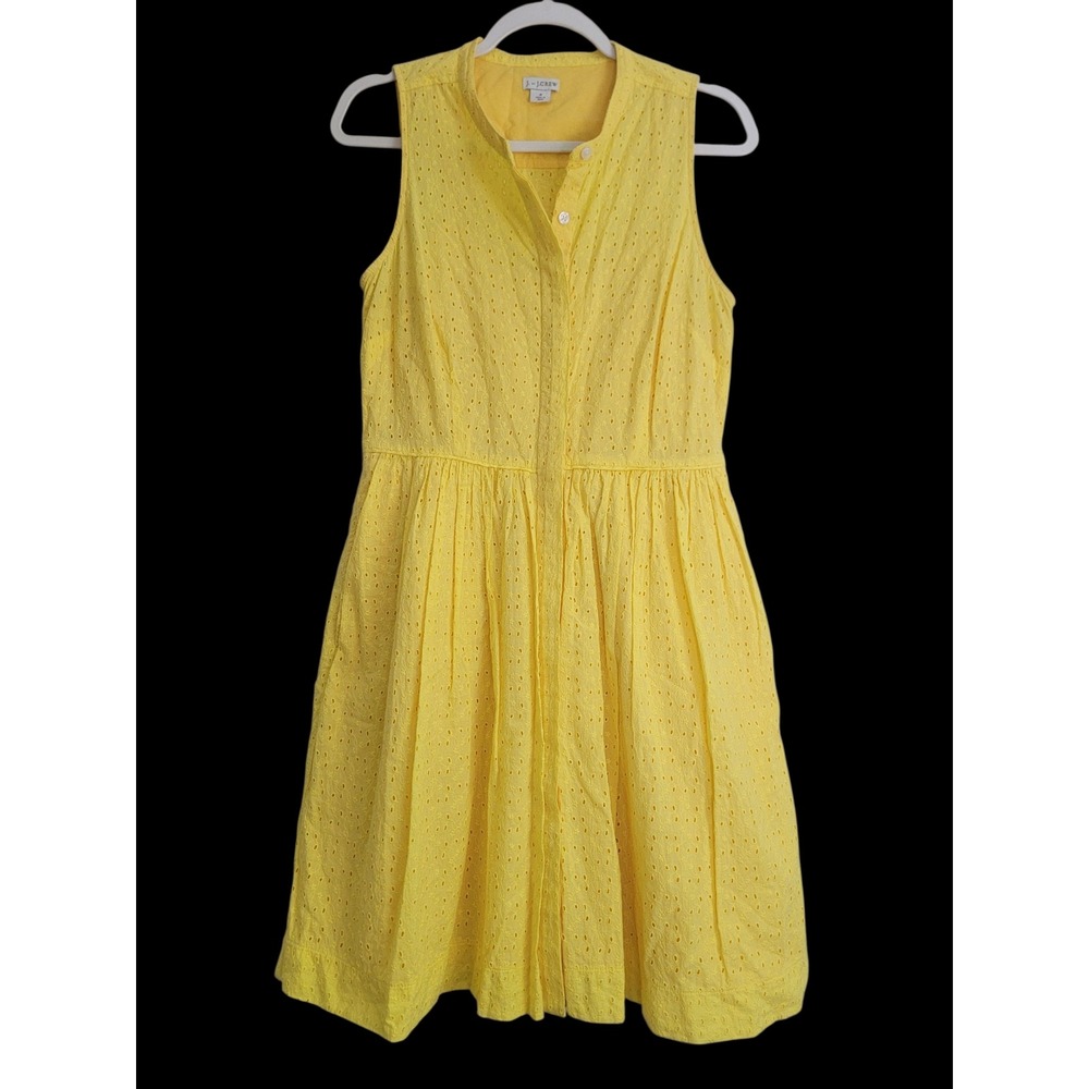 J.Crew 100% Cotton Yellow Eyelet Sleeveless Button Front Shirt Dress Pockets S 4
